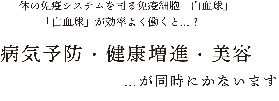 体の免疫システムを司る免疫細胞「白血球」「白血球」が効率よく働くと…？病気予防・健康増進・美容が同時に叶います。